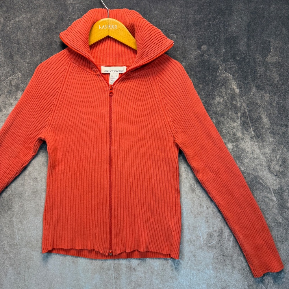 Jones New York Sport Sweater Womens Orange Slim Size S Ribbed Knit Full Zip